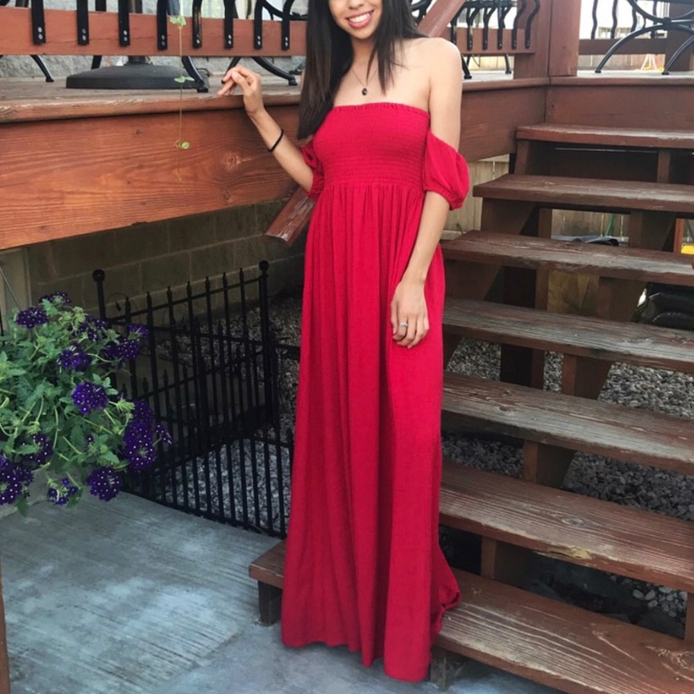 Red off the shoulder maxi-dress